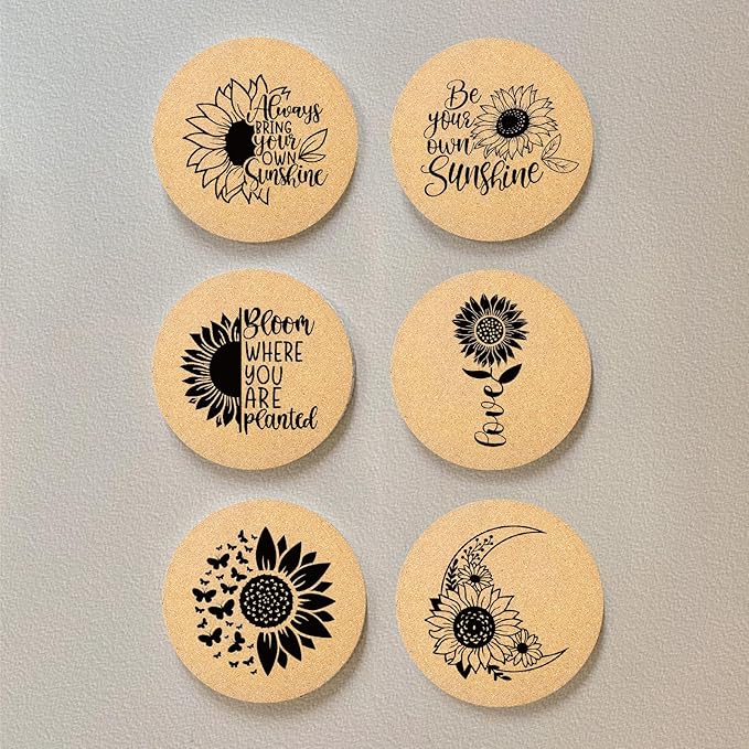 Coasters for Drinks with Holder Set of 6, Sunflower Absorbent Cork Wood Coaster for House Warming Gifts New Home Couples for Cup Desk Table Office Kitchen Decor, Round 4"