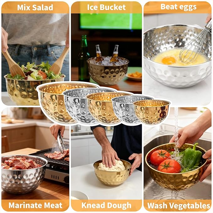 Gold Mixing Bowls Set of 5, Stainless Steel Mixing Bowls, Metal Nesting Salad Bowls Kitchen Food Storage Containers for Cooking, Baking, Prepping Christmas Serving, No Lids, 1.6/2/3.2/4.2/4.9 QT