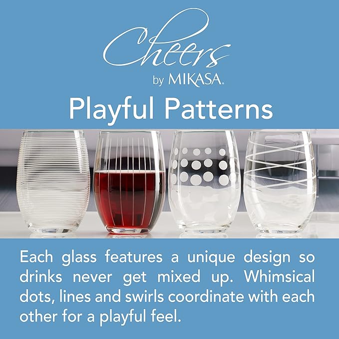 Mikasa Cheers Stemless Wine Glasses, Set of 4, 17-Ounce Clear Glasses, Durable and Elegant, Perfect for Red or White Wine, Dishwasher Safe