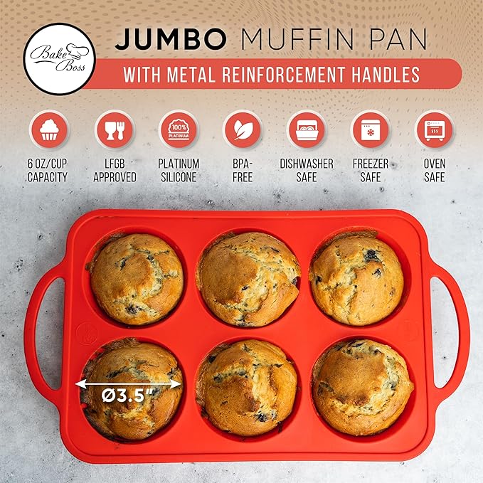 BAKE BOSS [2 PACK] Jumbo Muffin Pan, 3.5" Large Muffin Pan 6 Cup - Silicone Jumbo Muffin Tin for Baking BPA Free Non Stick - RED