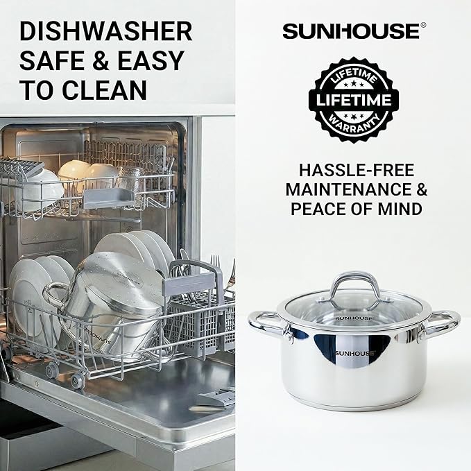 Sunhouse Professional 6.2-Quart Whole-Clad Multi-Ply Stainless Steel Stock Pot with Lid - Premium 18/10 Whole Body Clad Stock Pot - Induction Ready, Oven Safe & Dishwasher Safe Cooking Pot