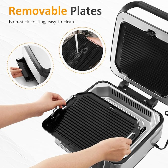 Electric Panini Press Sandwich Maker, 1300W Smokeless Indoor Grill with Removable Non-Stick Plates, Auto-Lift, Fan, Independent Upper Heating, Smart Time & Temperature Control, Silver