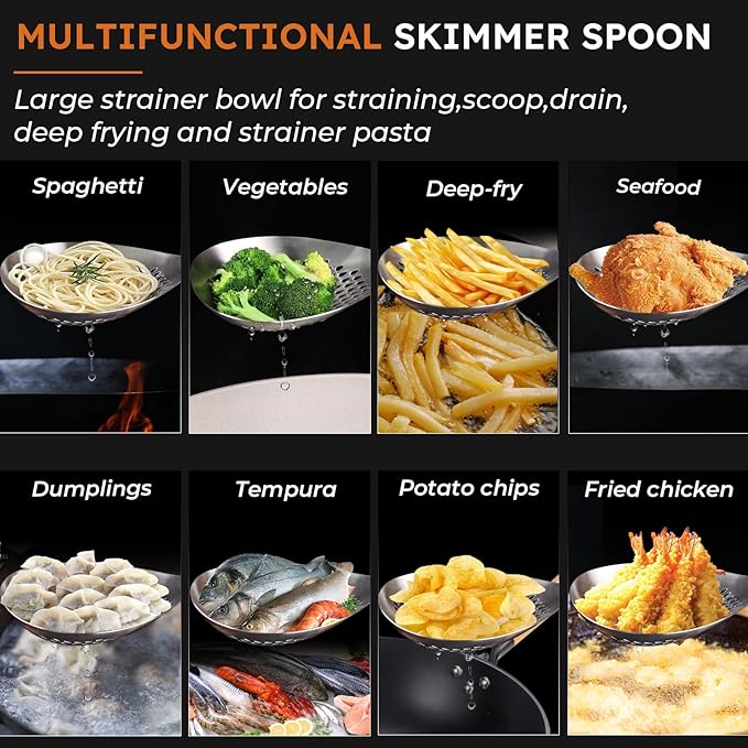 MARTE Skimmer Slotted Spoon -17in 304 Stainless Steel Pasta Spider Strainer Skimmer Ladle Spoon for Cooking and Frying - Kitchen Large Metal Scoop Colander Strainer Spoon with Heat Resistant Handle