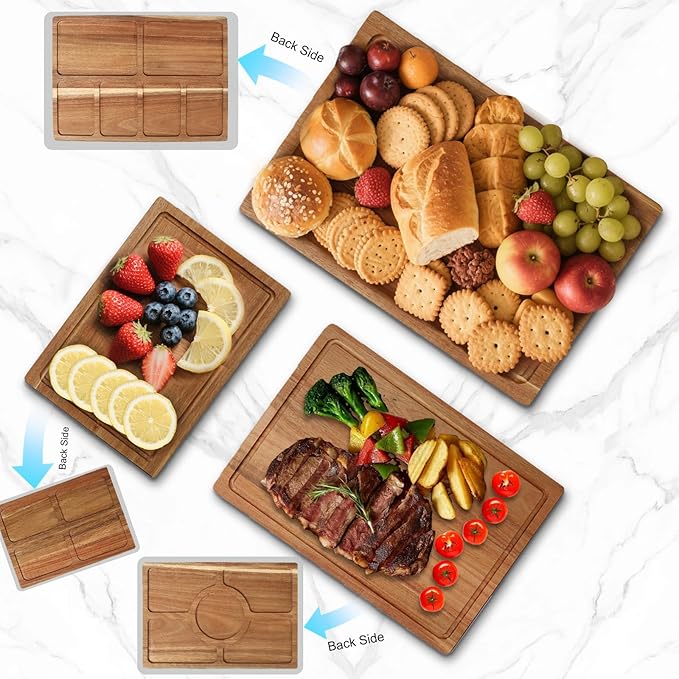 Acacia Wood Cutting Boards for Kitchen Set of 3, Chopping Board with Holder, with Deep Juice Groove Grip Handles, Charcuterie Boards, for Meat, Vegetables and Fruits and Cheese (Set A of 3)