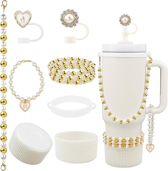 Cup Accessories for Stanley 30/40oz Tumbler containing Pearl Straw Cover Topper, Silicone Cup Boot, Water Bottle Handle Strap& Pearl Bracelets Charms(Pearls with Gold Beads)