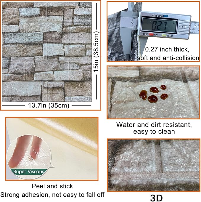 20PCS 3D Wall Panels Peel and Stick 3D Brick Wallpaper Peel and Stick Faux Stone Wall Panel Foam Brick Self-Adhesive Wallpaper(Rock,20pcs)