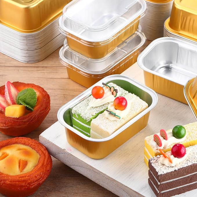 Vesici 100 Sets Mini Loaf Pans with Lids, 5.7 oz Disposable Aluminum Foil Baking Cups, Rectangle Cake Pans for Pudding Desserts Muffin Baking Storage Valentines Wedding Birthday Party(Gold)