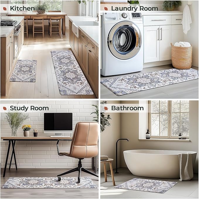 FRESHMINT Anti Fatigue Kitchen Mats Set 2 PCS, Waterproof & Non-Skid Boho Kitchen Rugs, Cushioned Kitchen Floor Mats for Standing Washable Comfort Kitchen Runners for Lanudry, Office, Sink