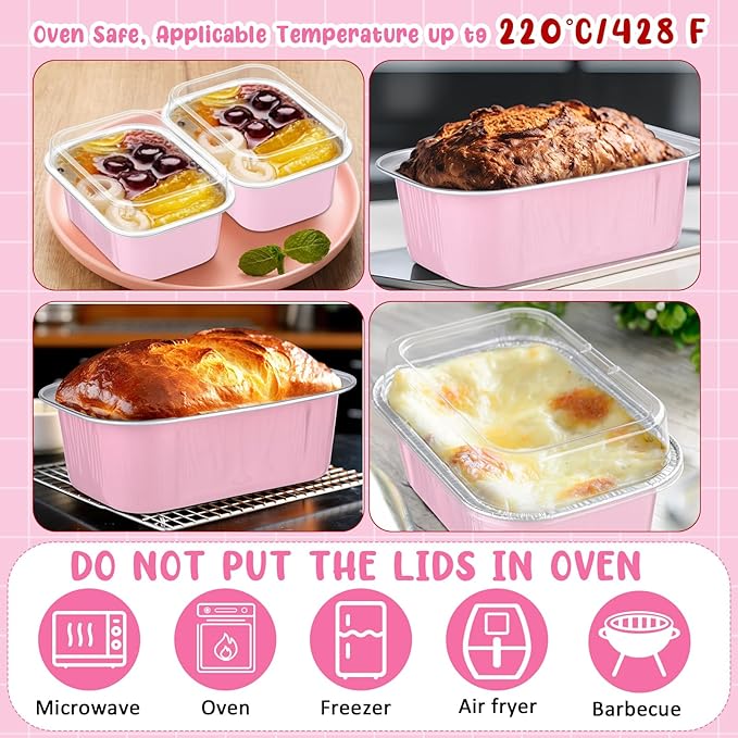 Vesici 100 Sets Mini Loaf Pans with Lids, 5.7 oz Disposable Aluminum Foil Baking Cups, Rectangle Cake Pans for Pudding Desserts Muffin Baking Storage Valentines Wedding Birthday Party(Pink)