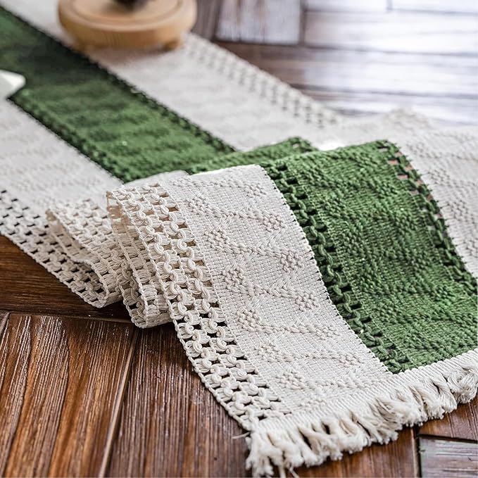Alynsehom Macrame Table Runner Cream Beige and Green Boho Table Runners with Tassels Hand Woven Cotton Table Runner Rustic Farmhouse Table Runners for Bohemian Kitchen Dining Table(12x95in)