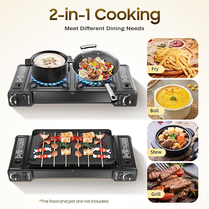 Camping Stove, Portable Butane Camping Stove, Propane Stove 2 Burner Propane Gas Stove, Double Auto Ignition Camping Burner LPG for RV, Apartments, Motorhome, Outdoor, Indoor