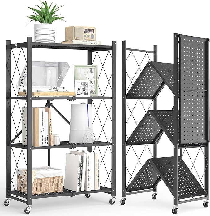 4-Tier Folding Metal Storage Rack - 50" Heavy-Duty Steel Frame with Wheels, No Assembly Utility Organizer, Rolling Shelving Unit for Kitchen, Garage, Pantry, Bedroom (Black, 4 Tier)