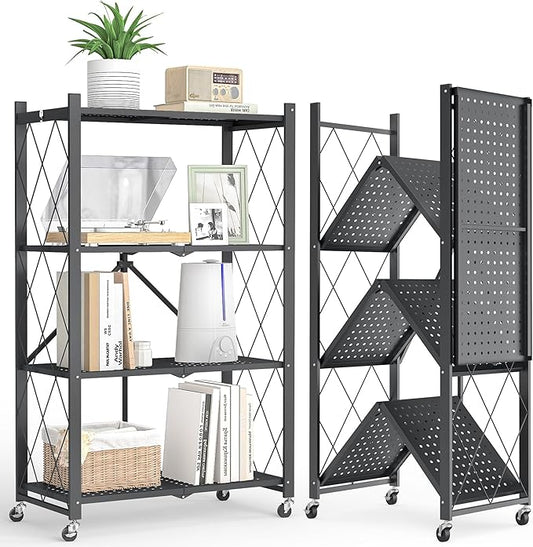 4-Tier Folding Metal Storage Rack - 50" Heavy-Duty Steel Frame with Wheels, No Assembly Utility Organizer, Rolling Shelving Unit for Kitchen, Garage, Pantry, Bedroom (Black, 4 Tier)
