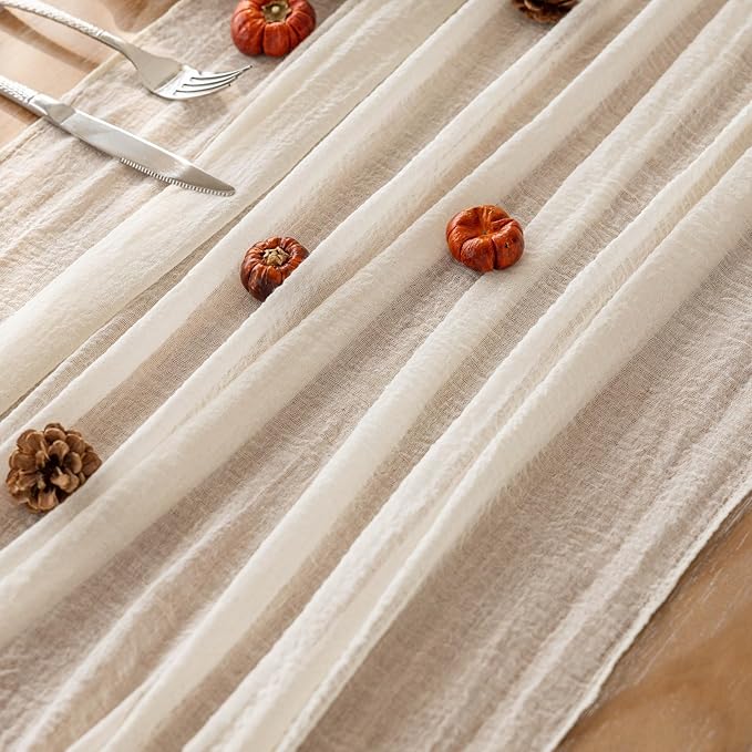Keketoarrange White Valentines Cheesecloth Table Runner Ivory Cream Gauze Rustic Cheese Cloth Table Runner 120 Inch 10 FT for Wedding Baby Bridal Shower Party Sheer Boho Spring Home Decorations