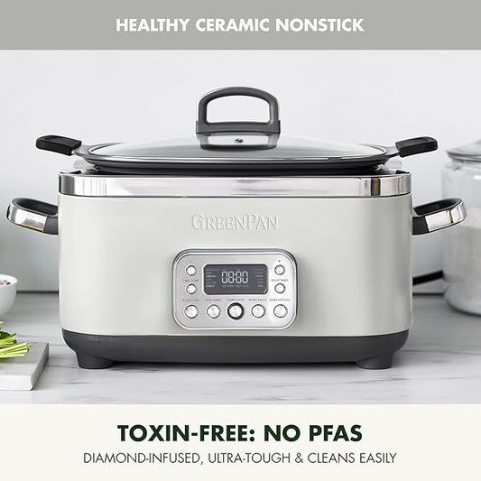 GreenPan Elite 14-in-1 Nonstick 6QT Electric Slow Cooker, PFAS-Free Ceramic Multi-Cooker, In-Pot Browning, Dishwasher Safe Lid & Removable Crock, Stainless Steel Steamer, Silicone Handles, White