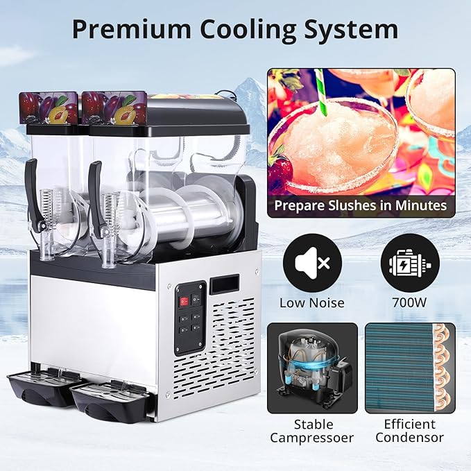 Black 15 L*2 700W Commercial Slushy Machine - Self-Cleaning Stainless Steel Frozen Drink Margarita Ice Cream Maker for Snow Melts, Cocktails - Ideal for Homes, Coffee Shops,and Restaurants