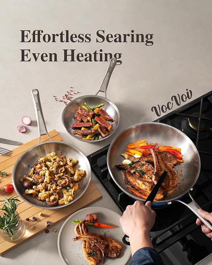 VocVoi 12 inch Tri-Ply Stainless Steel Frying Pan with LID,PFOA&PTFE Free Skillets,Chef's Pans,Dishwasher and Oven Safe Cookware, Works on Induction,Ceramic and Gas Cooktops