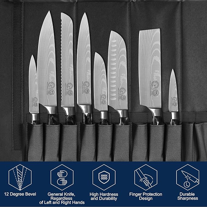 XYJ Authentic Since 1986,8-pieces Japanese Chef Knives Set with Roll Bag & Sheath,Stainless Steel Cutlery Culinary Kitchen Knives,Ergonomics Handle,Paring Santoku Slicing Cooking Knives Tools