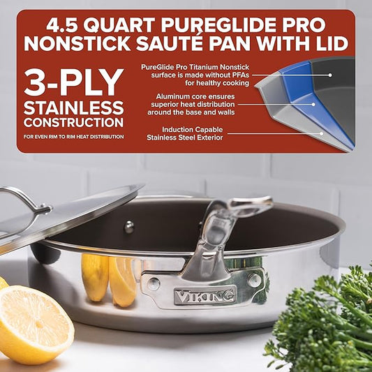 Viking PureGlide Pro 3-Ply Nonstick Sauté Pan with Lid, Made without PFAS, 4.5-Quart Induction Deep Frying Pan with Helper Handle, Metal Utensil Safe Titanium Nonstick Surface, Oven Safe to 600F