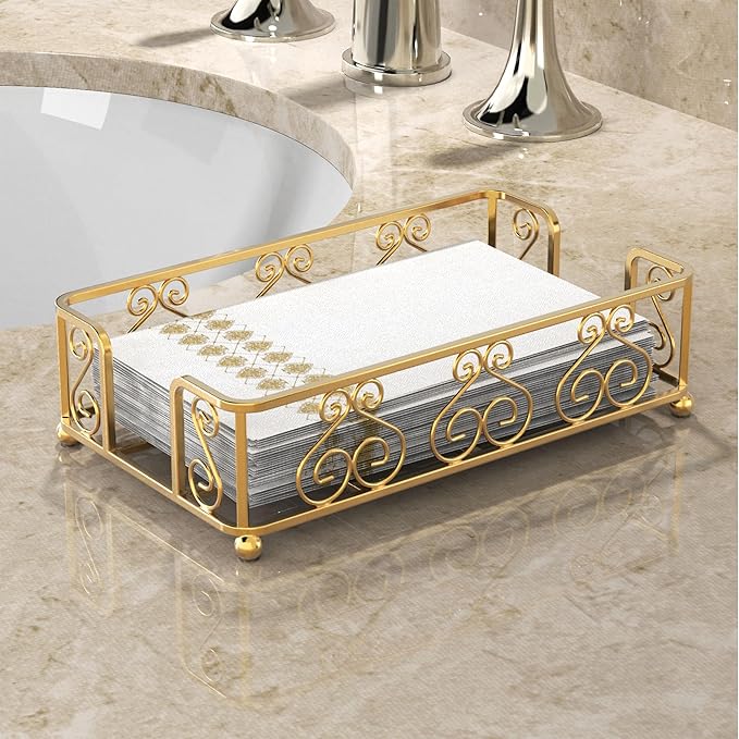 Gold Guest Towel Holder Tray for Bathroom – Napkin Organizer for Disposable Hand Paper Towels, Vanity Countertop Napkin Holder, Modern Bathroom Accessory for Guest Use and Décor
