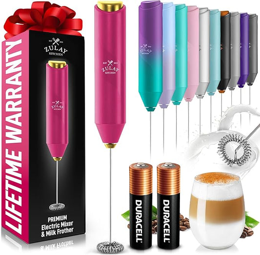 Zulay Kitchen Powerful Milk Frother Handheld with 2 Duracell AA Batteries – Ultra Fast Frother Wand Electric Drink Mixer for Coffee, Lattes, Cappuccinos, Matcha & Hot Chocolate – Portable Foam Maker
