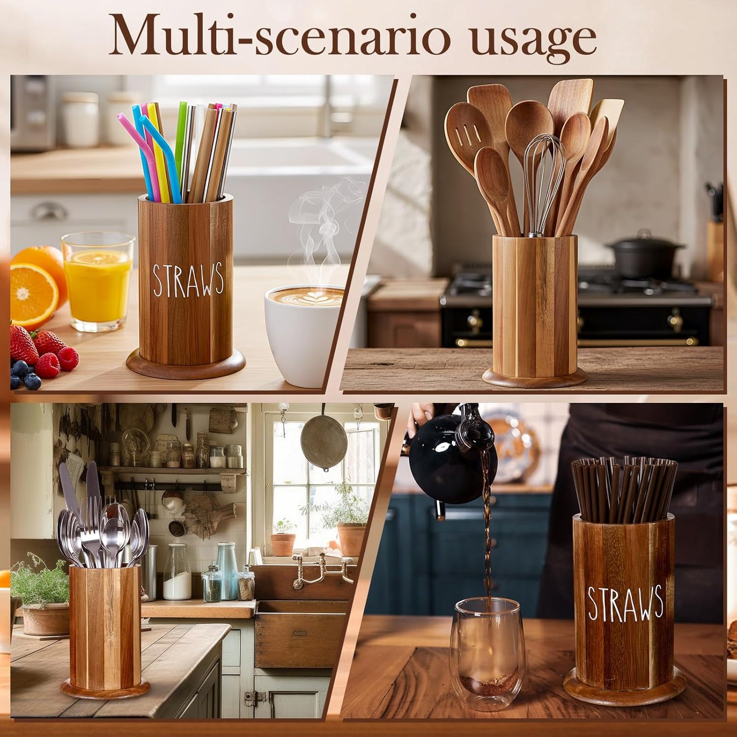 LemonRoad Straw Holder Dispenser Acacia Wood Straw Holder for Counter Large Utensil Organizer for Kitchen Flatware and Spatula Storage Organizer for Coffee Bar Party Countertop Pantry and Bathroom