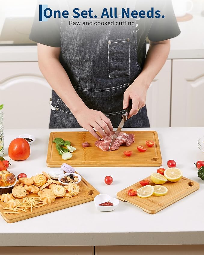 Garvee Bamboo Cutting Board Set of 3, Multi-Sizes Kitchen Cutting Boards with Deep Juice Grooves & Built-in Handle, Wooden Chopping Boards for Charcuterie, Vegetables & Fruit