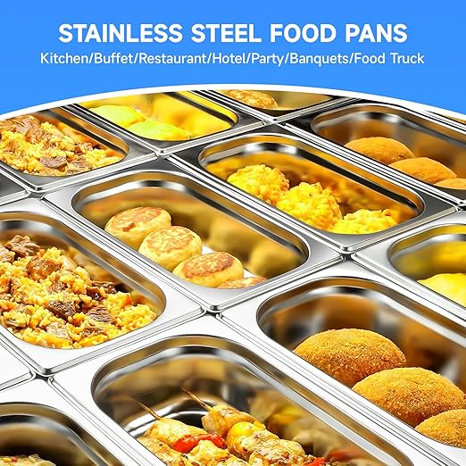 Hotel Pan With Lids 1/4 Size 2-1/2 Inch Deep Stainless Steel Chafing Dishes for Buffet, Steam Table Pan, Metal Commercial Food Pans for Food Prep/Serving (6 Pack, Half Size 1/4 x 2-1/2" Deep)