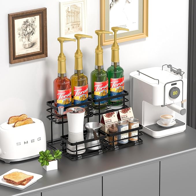 Coffee Syrup Rack Organizer, Syrup Bottle Holder Stand for Coffee Bar, 2-Tier 4 Bottles Storage Shelves for Syrup, Wine, Dressing for Kitchen Countertop (4 Bottles Black)