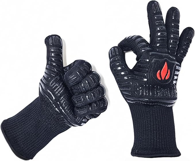 GRILL HEAT AID BBQ Gloves 1472°F Heat-Proof Gloves for Grilling & Barbecue, Heat-Resistant Oven Mitts with Kitchen Dexterity for Cooking, Baking Pizza, Fireproof Glove for Fire Pit, Fireplace, Smoker
