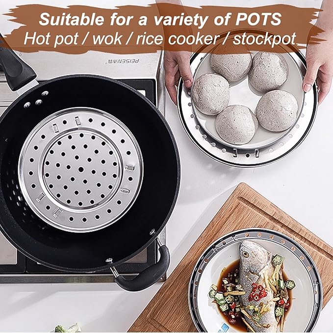 Round Steamer Rack 1pcs with Silicone Liners, Stainless Steel Food Basket with Removable Stand for Cooking, Instant Pot Steamer Basket for Vegetables Dumplings fish and Seafood(Round-10.2inch/26cm)