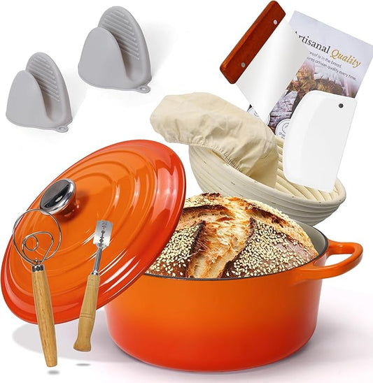 LEADKooKers 5QT Enameled Cast Iron Bread Oven with Proofing Basket for Bread Baking, Bread Making Supplies Tools,Heavy-Duty Cookware for Braising, Stews, Roasting, Bread Baking (Orange)