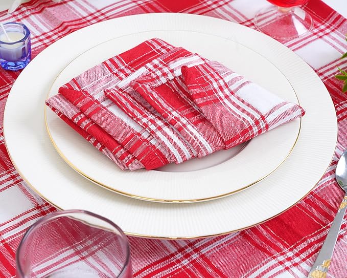 Blue Needles Gingham Buffalo Plaid Cloth Napkins 100% Cotton Set of 12 Dinner Table Napkins 18x18 inch Soft, Reusable, Washable Perfect for Valentine's Day Parties & Everyday Use - Silver Red & White
