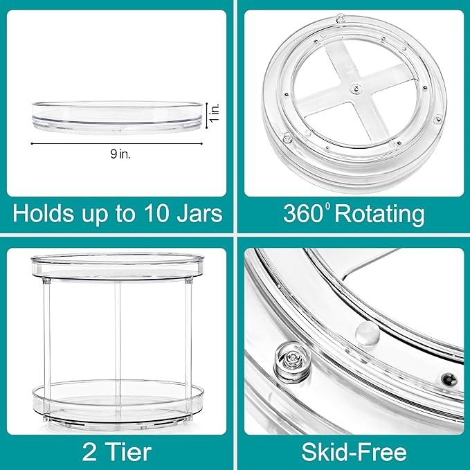 Sorbus 9 Inch 2 Tier Clear Lazy Susan Organizer, Turntable Organizer for Spice Organization for Cabinet, Lazy Susan Turntable for Kitchen, Home, Office, Closet, Classroom, Laundry Room Organization