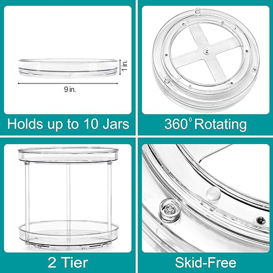 Sorbus 9 Inch 2 Tier Clear Lazy Susan Organizer, Turntable Organizer for Spice Organization for Cabinet, Lazy Susan Turntable for Kitchen, Home, Office, Closet, Laundry Room Organization (2 Pack)