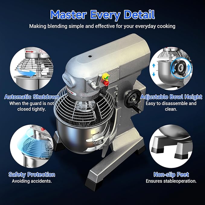 EKway Commercial Food Mixer 10Qt,500W Commercial mixer 3-Speed Adjustable with Timing Function, Industrial Dough Mixer with Stainless Steel Bowl for Bakery Pizzeria (Upgrade)