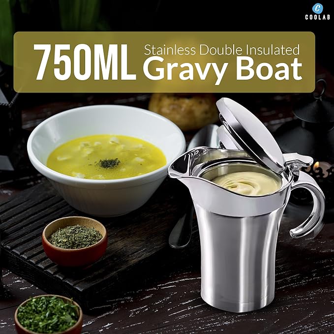 750ML Stainless Steel Gravy Boat with Lid – Double Insulated Gravy Pitcher for Hot & Cold Sauces – Elegant Sauce Boat Small Gravy Server for Steak, Turkey, and Holiday Dinners