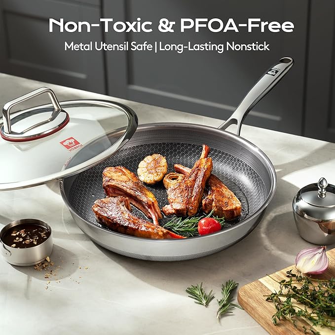 KOBACH 12in Nonstick Frying Pan - Stainless Steel Skillet, Dishwasher & Oven Safe, Compatible with Induction & Gas Stoves, Non-Toxic & Easy to Clean