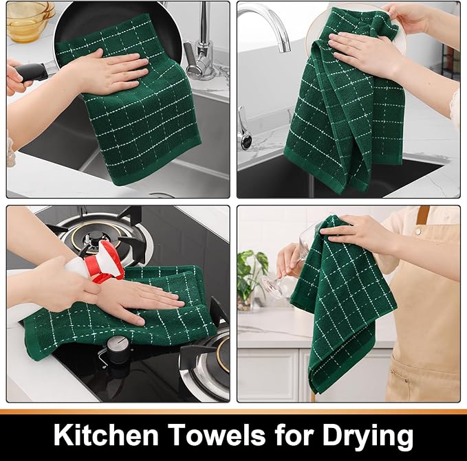 Mordimy 100% Cotton Terrycloth Kitchen Towels and Dishcloths Sets, Soft and Absorbent Checkered Dish Towels, Quick Drying Dish Rags for Washing Dishes, 4 Pack 16" x 26" & 4 Pack 12" x 12", Dark Green