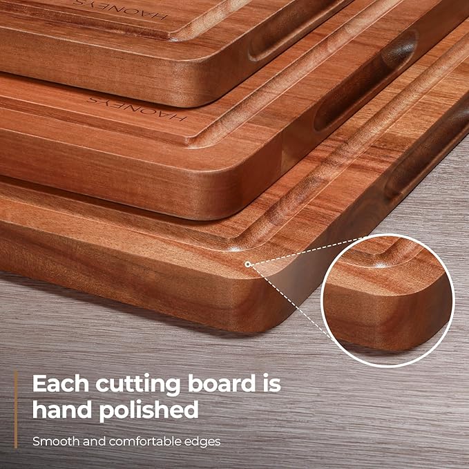 Wood Cutting Board, Wooden Cutting Boards for Kitchen with Deep Juice Grooves & Built-in Handles, Ideal Charcuterie & Chopping for Meat, Chopping Boards Set of 3