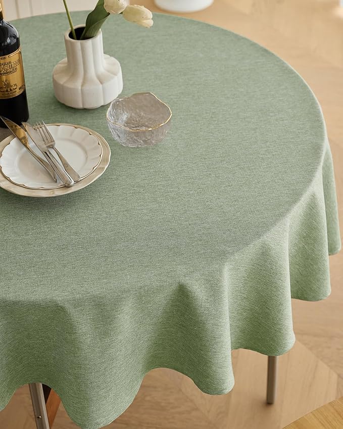 Faux Linen Rustic Round Tablecloth for Coffee Table, Decorative Waterproof Outdoor Anti-Scratch Table Cloth Cover for Party, Wedding, Picnics, Patio(Round, 70 Inch(4-6 Seats), Sage Green)