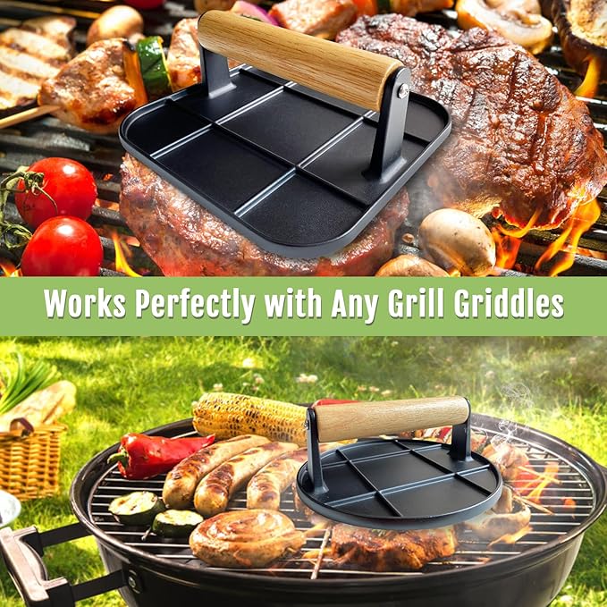 Smash Burger Press for Griddle - Lightweight with Wood Handle (70% Lighter Than Others), Rustproof Burger Press Bacon Press for Grill, Smasher Ideal for Blackstone Griddle