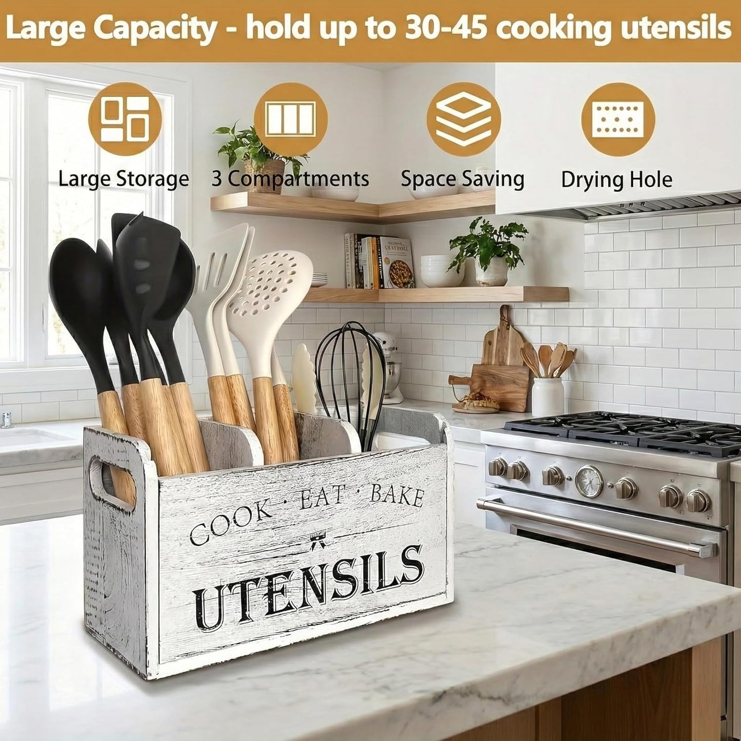 Farmhouse Kitchen Utensil Holder for Countertop, Distressed White Wooden Cooking Utensil Organizer with 3 Compartments & Handles, Rustic Extra Large Crock Space Saver for Spatulas & Spoons