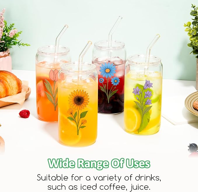 16OZ Drinking Glass Cup with Tritan Lid and Straw 4pcs Set Cute Iced Coffee Cup Aesthetic Glass Tumbler with Flower Design Ideal Gift for Women, Birthday, Christmas, Beer Glasses for Bar Accessories