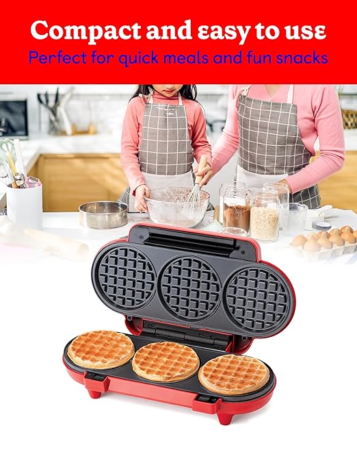 Betty Crocker Mini Multi-Waffle Maker, 1200W Kitchen Appliance for Home and Kitchen, Makes 3 Waffles at Once, Non-Stick Coating, Automatic Temperature Control, Cool Touch Handle, BC-5886R, Red