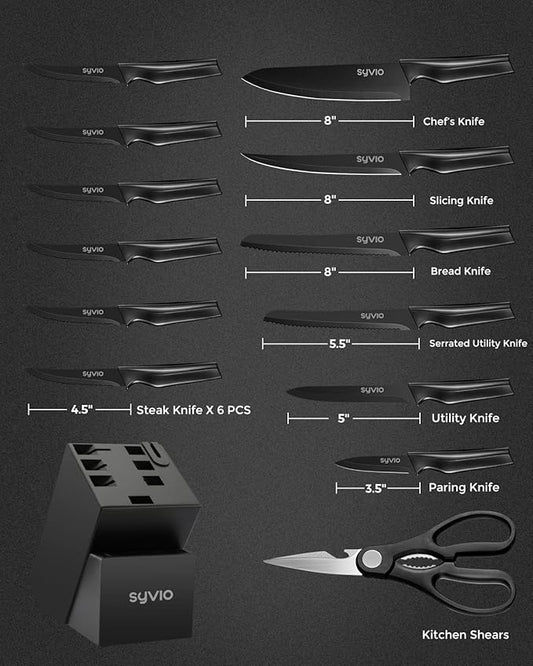 syvio Block Knife Set, 15 Pcs Kitchen Knife Set with Block and Sharpener, with Heavy Poultry Shears and 6pcs Serrated Steak Knives Razor-Sharp, Stainless Steel, Lightweight, Anti-Slip Handle