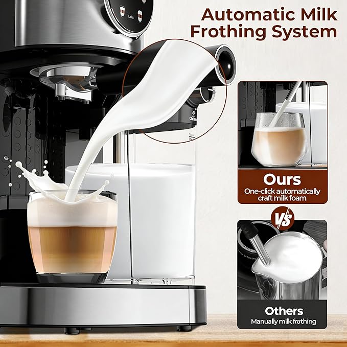 Electactic 20 Bar Professional Compact Espresso Cappuccino Machine with Touch Screen & Auto Milk Frother, Stainless Steel Coffee Maker for Cappuccino, Latte