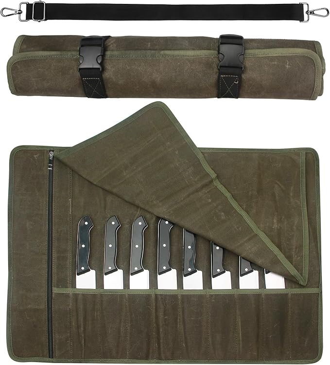 Chef Knife Roll Bag,Waxed Canvas Knife Travel Case,Heavy Duty Professional Knife Carrier Storage Holder with 10 Slots,Portable Kitchen Culinary Tool Organizer for Men,Fits up to 18.8”Knives Army Green