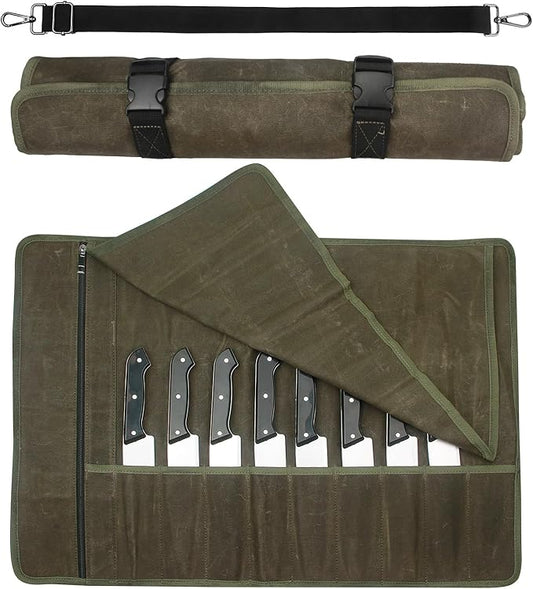 Chef Knife Roll Bag,Waxed Canvas Knife Travel Case,Heavy Duty Professional Knife Carrier Storage Holder with 10 Slots,Portable Kitchen Culinary Tool Organizer for Men,Fits up to 18.8”Knives Army Green