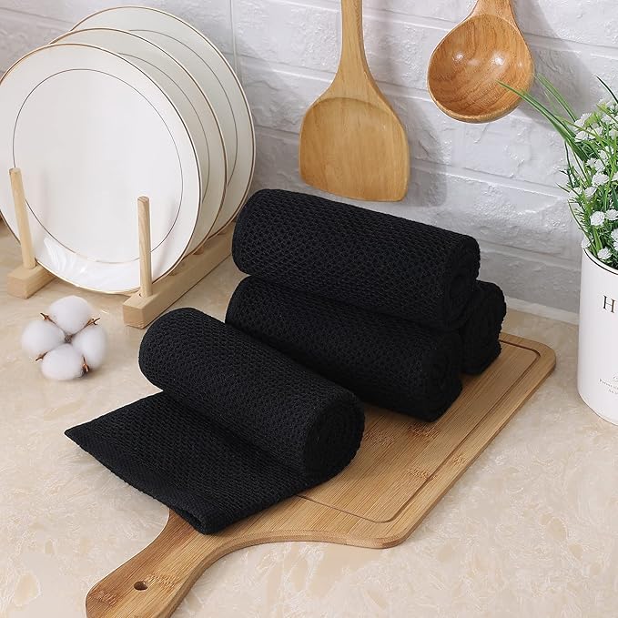 Kitinjoy 100% Cotton Waffle Weave Kitchen Towels, 4-Pack Super Soft and Absorbent Dish Towels for Drying Dishes, Kitchen Hand Towels, 13 in x 28 in, Black